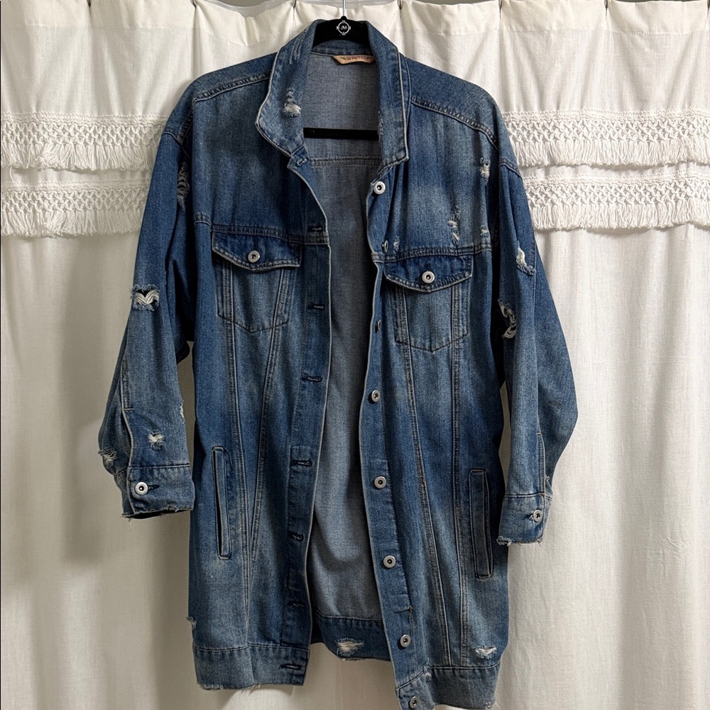 Highway Jeans Blue Distressed Long Jean Jacket